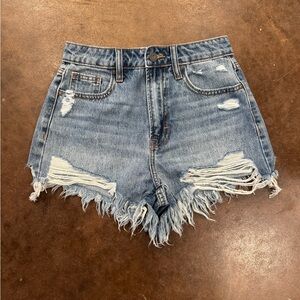 High-Rise Distressed Denim Jean Shorts - Light Blue | XS
